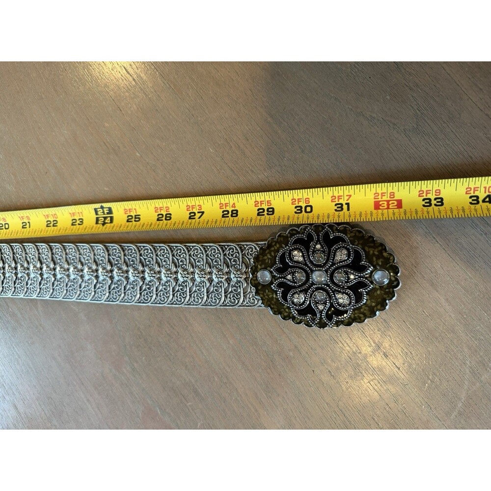 Belt OSFM Metal Silver Tone Elastic Stretch Oval Buckle w/ Enamel & Bling Vtg - Picture 12 of 16